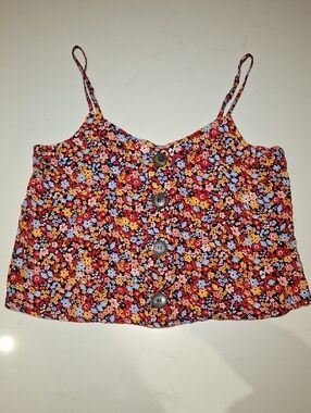 Garage Red, Blue & Black Flowy Floral Print Button-front Rayon Tank Top (Size S)